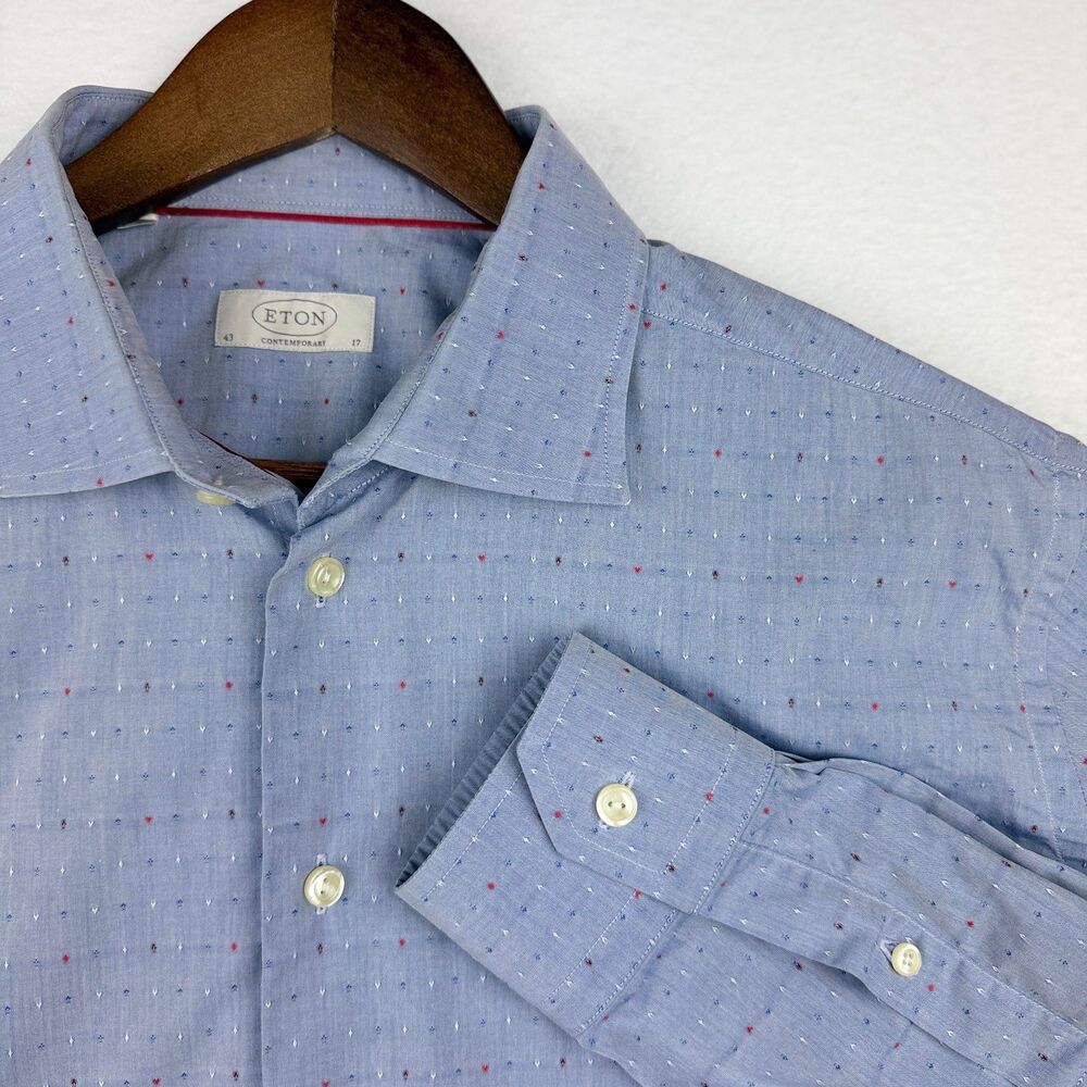 Eton Contemporary Men's Blue Geometric Long Sleeve Dress Shirt 17/43